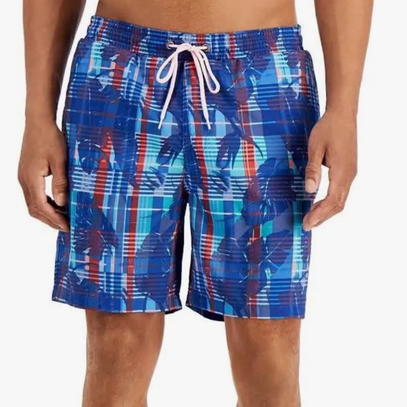 Club Room Plaid Floral Swim Trunks Blue Red Palm Print Size: Medium - Picture 1 of 4